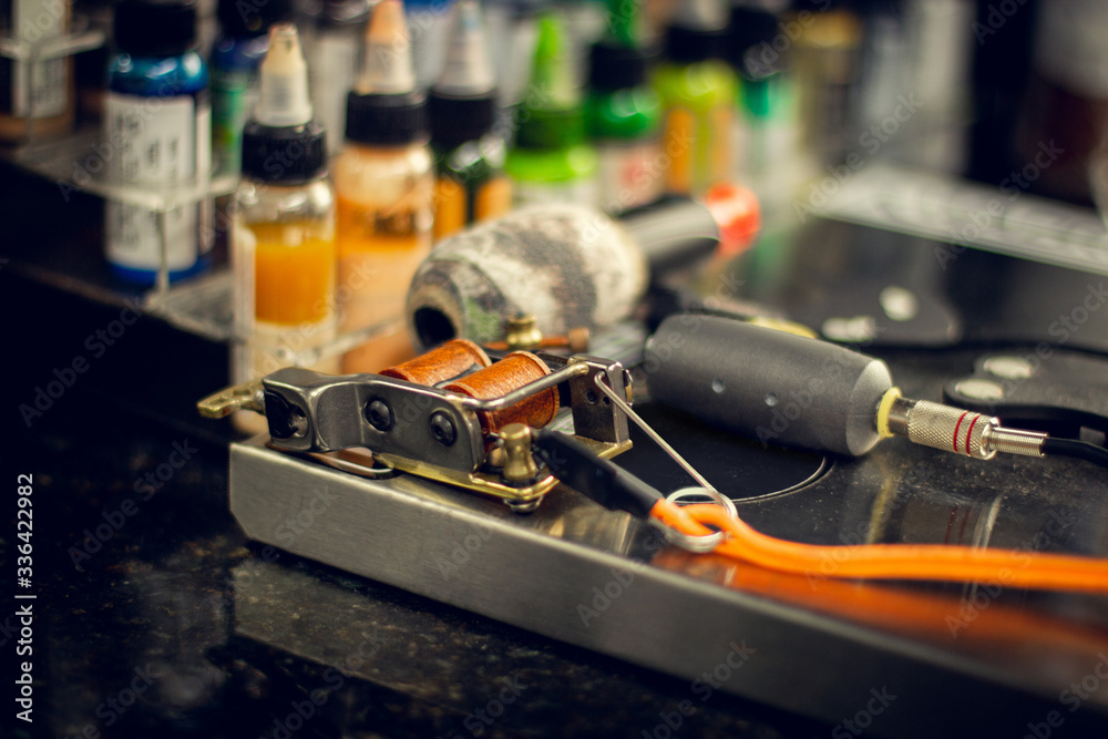 Closeup of some tattoo equipment on a studio.