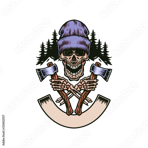 Lumberjack screamed skull with two axes, hand drawn line with digital color, vector illustration
