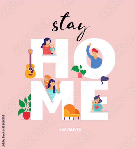 Stay at home, concept design. Different types of people look out and communicate with their neighbors during COVID-19 outbreak. Self isolation, quarantine during coronavirus epidemic. Vector flat