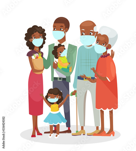 Vector illustration of cute African american family standing together in protection masks isolated on white background. Happy cartoon characters in flat style, stay home concept
