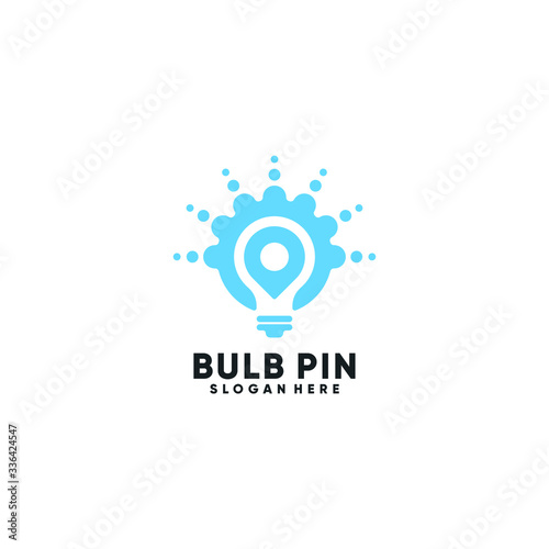 Place marker and lightbulb logo template. Point and pin with idea bulb vector design. Pointer and spot with light illustration