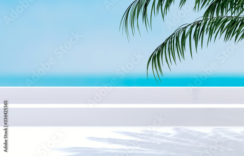 Natural summer beach backdrop with palm tree shadow for product display. Abstract 3d summer scene. sea view.