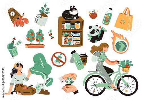 Collection of ecology illustrations. Eco friendly people set protecting the environment, sorting and collecting waste, using alternative energy and ecological transport