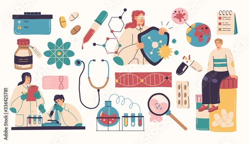 Collection of scientists, doctors or researchers in laboratory. People working in lab, medicines, medical equipment. Illustrations isolated on white background. Flat cartoon colorful