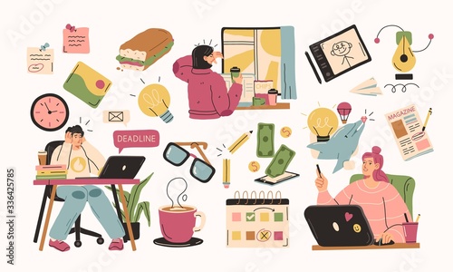 Set of illustrations about remote work. Freelancers at work and working distantly concept illustrations