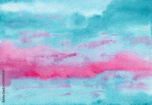 Abstract bright painting pink and turquoise blue cloudscape wet watercolor background, wash technique. Unique sunset candy sky watercolour illustration for travel design, banner, greeting cards © Tatahnka