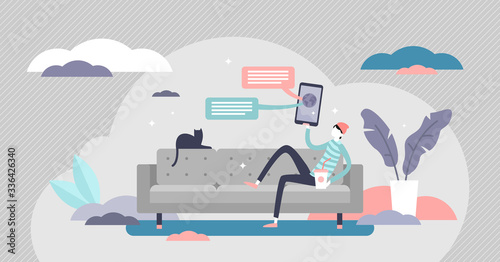 Stay home and social distancing flat tiny persons concept vector illustration.