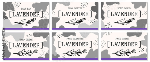 Set of labels for lavender cosmetics packaging design. Organic cosmetics and natural care.