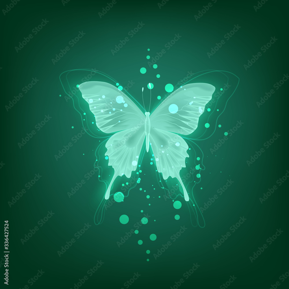Glowing background with neon green butterfly on white background Stock