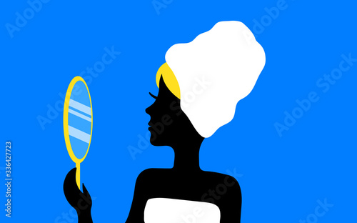 Black profile silhouette of a blonde woman in a white towel, with a towel on her head and a yellow mirror in her hand. Blue background. Vector graphics, illustration