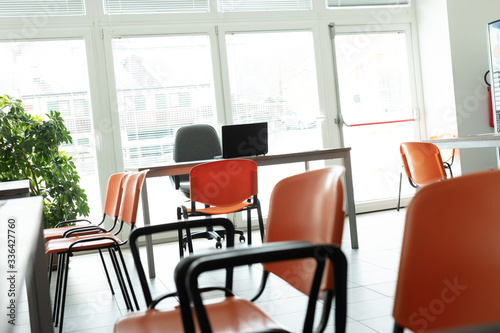 Bright abandoned office room during virus pandemic