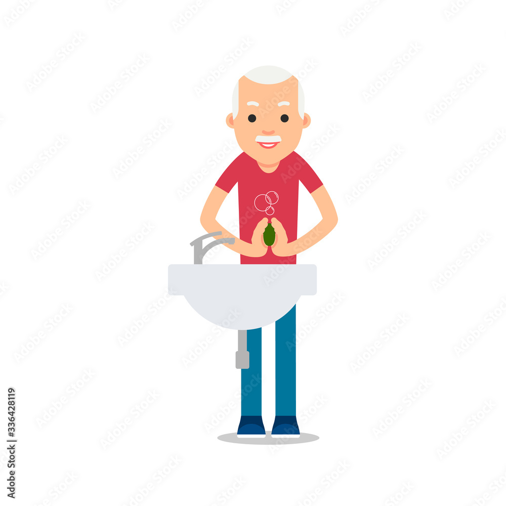 Flat illustration with old man virus wash hands on white background for medical design. Hand hygiene. Coronavirus prevention. Isolated. Health care. Healthy lifestyle Flat illustration with old man virus wash hands on white background for medical design. Hand hygiene. Coronavirus prevention. Isolated. Health care. Healthy lifestyle