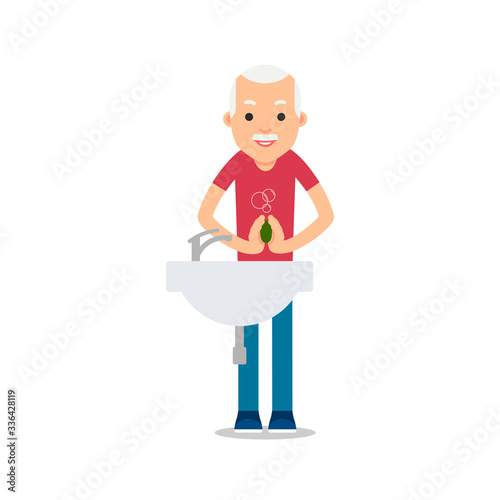 Flat illustration with old man virus wash hands on white background for medical design. Hand hygiene. Coronavirus prevention. Isolated. Health care. Healthy lifestyle