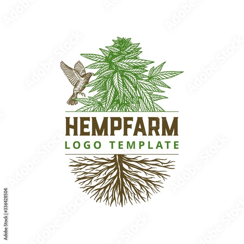 HAND DRAWN HEMP FARM WITH BIRD LOGO TEMPLATE