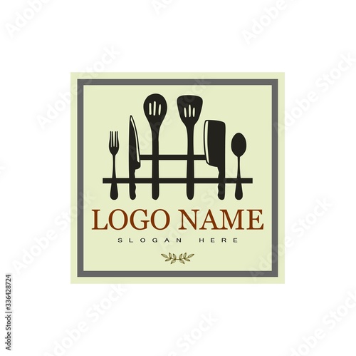 Restaurant logos, kitchen utensils with frames and insulated white background