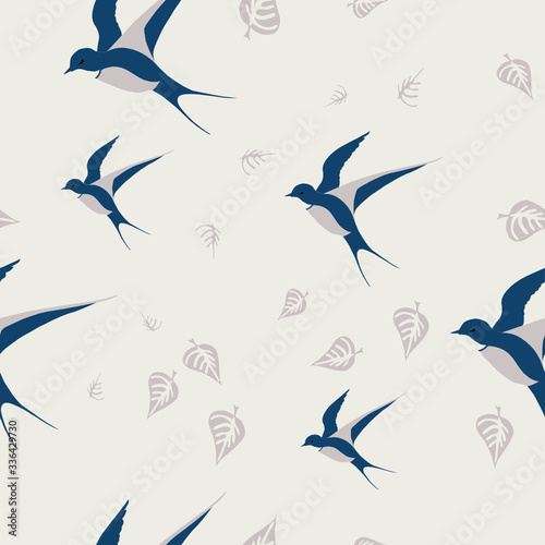 Vector seamless beige background with swallows and leaves