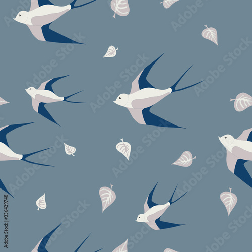 Vector seamless dark grey background with swallows and leaves