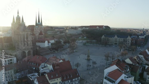Aerial Drone flight over Erfurt with Cathedral and the church Severikirche