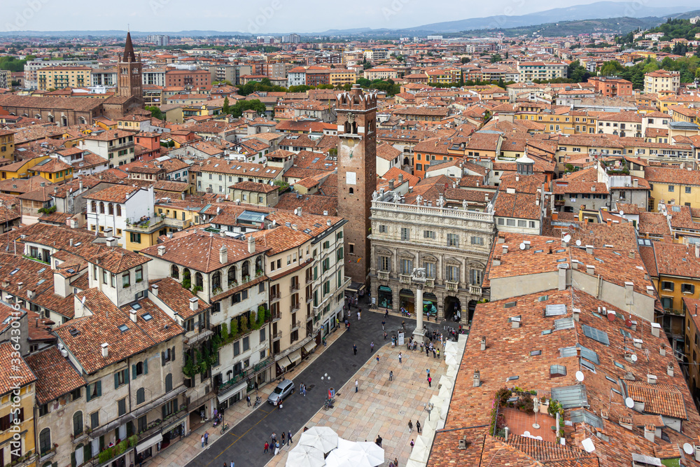 Old town of Verona. View from the bell tower Torre Dei Lamberti in Verona, Italy