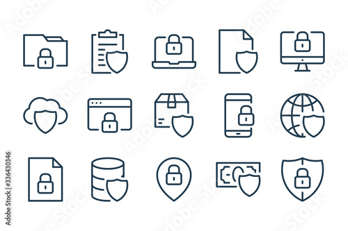 Security and cyber protection line icons. Network safety and Firewall vector linear icon set.