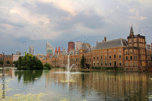 The Binnenhof Palace in The Hague with the lake and a fountain