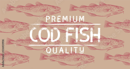 Premium Cod Fish Quality. Color Pattern Ink Hand drawn vector illustration of Gadus morhua