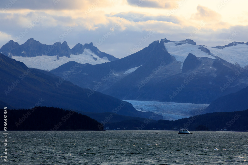 Hubbard Glacier, Alaska / USA - August 08, 2019: View from ship cruise deck near Hubbard glacier, Seward, Alaska, USA Hubbard Glacier, Alaska / USA - August 08, 2019: View from ship cruise deck near Hubbard glacier, Seward, Alaska, USA