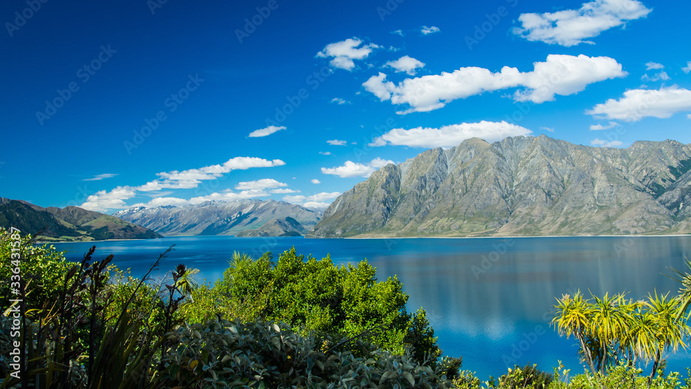 The blue lake with mountains, New Zealand