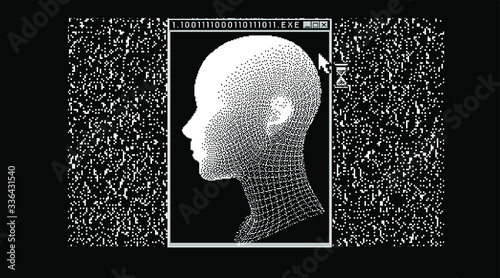 Cyberpunk futuristic collage with glitch art artifacts and wireframe of a human head. Retrofuturistic 8-bit style aesthetics.