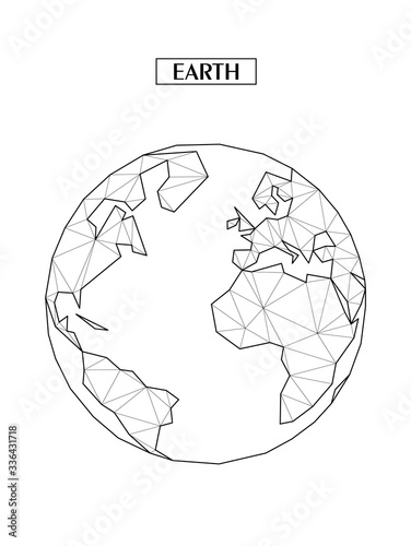 Polygonal abstract map of Earth or globe with connected triangular shapes formed from lines. Conitnents - Africa, Eurasia, North and South America, Antarctica, North Pole, South Pole.