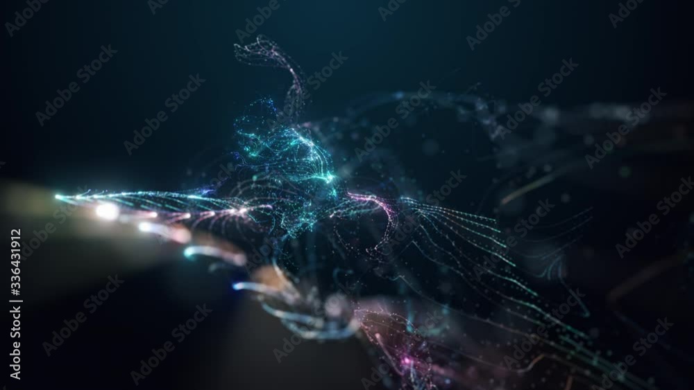 Abstract animation of digital data. Light impulses, elegant color backdrop of bokeh particles for modern technology or abstract art