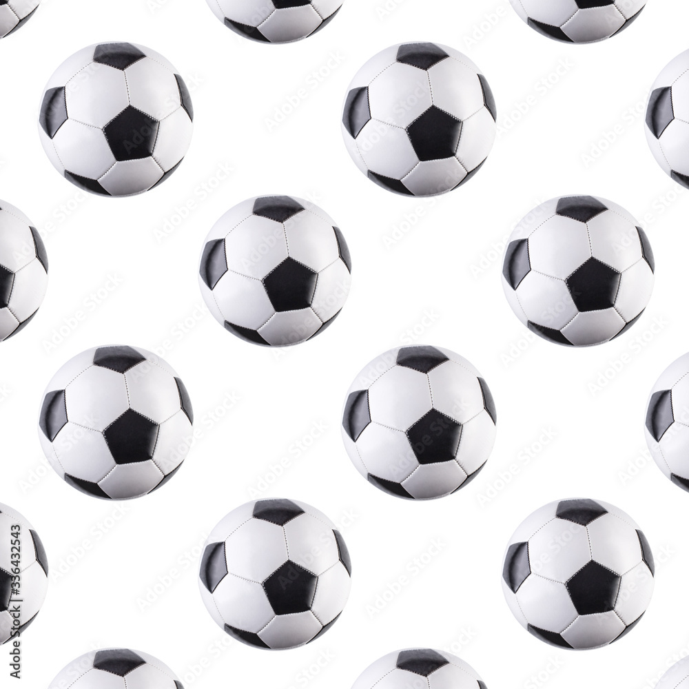 Seamless pattern of balls. Black and white soccer balls flying in the air, isolated on white background. Minimalistic concept of sports Seamless pattern of balls. Black and white soccer balls flying in the air, isolated on white background. Minimalistic concept of sports