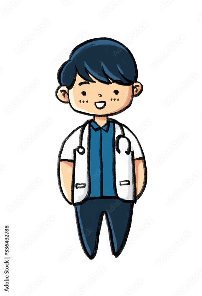 Cartoon doctor in white coat and stethoscope. Hand drawn black outline line art cartoon illustration. Male doctor character