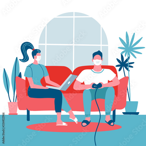 Family staying at home. Woman sitting on couch and working on laptop. Man playing on game console. Self quarantine during Coronavirus COVID-19 disease outbreak concept. Flat vector illustration