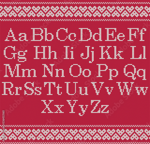 Knitted font on red background. Christmas knit alphabet on seamless pattern. Nordic Fair Isle knitting border. Sweater Christmas winter design. Handicraft letter for sweater, knitting norway textile.