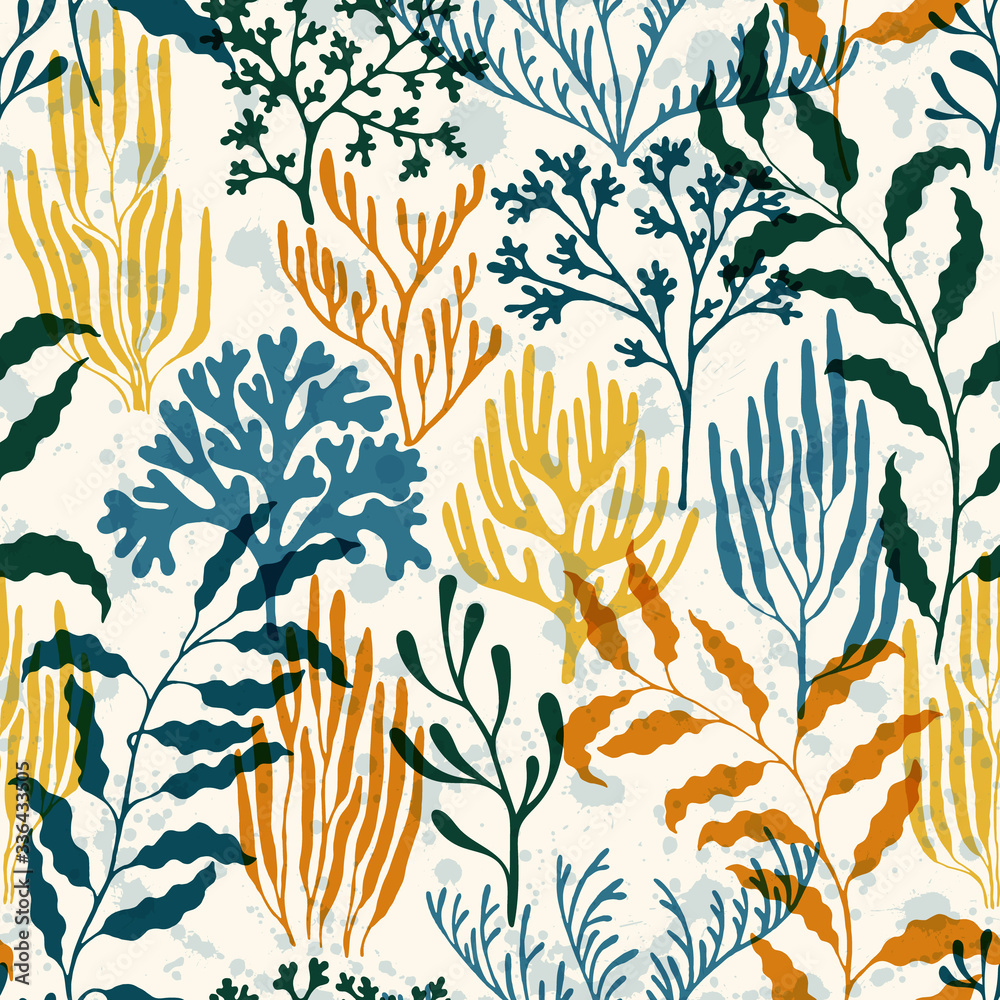 Ocean corals seamless pattern., Tropical coral reef branch silhouette elements. Ocean corals seamless pattern., Tropical coral reef branch silhouette elements.