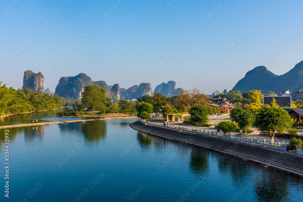 YANGSHUO, CHINA, 6 DECEMBER 2019:Landscape of the Li River in Yangshuo, China