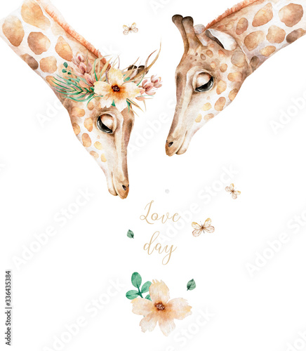 Poster with couple giraffe. Watercolor cartoon giraffe tropical animal illustration. Jungle exotic summer design for wedding photo