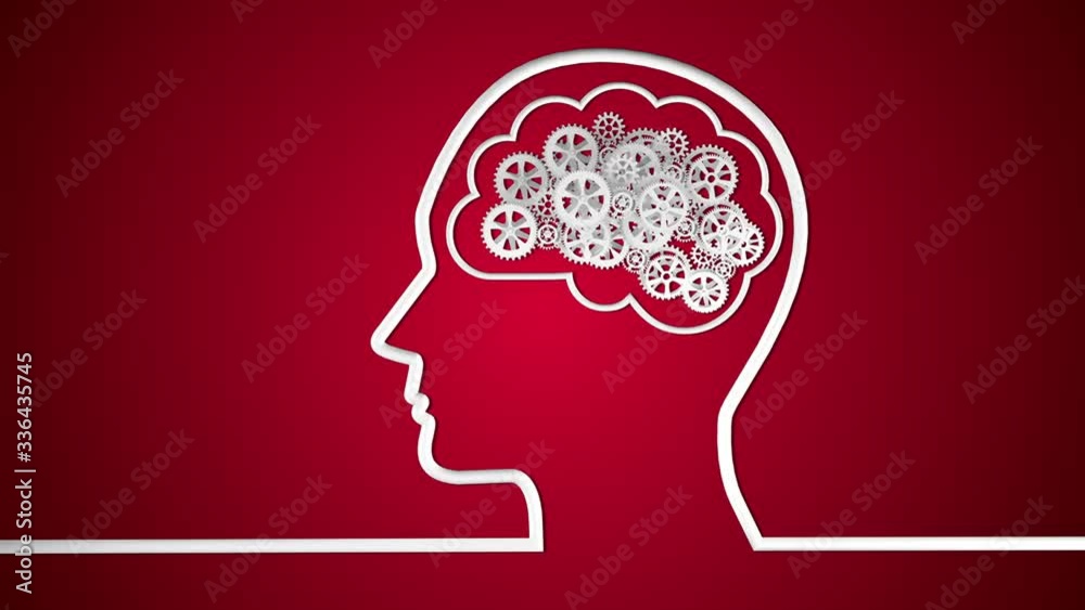 Brainstorming. Brain creating new ideas, concept of cogs, gears spinning animation at red background. Alpha channel Brainstorming. Brain creating new ideas, concept of cogs, gears spinning animation at red background. Alpha channel