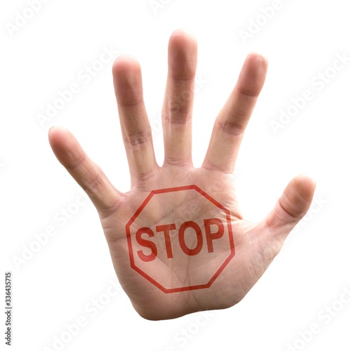 Stopping Hand with Stop Sign against White Background