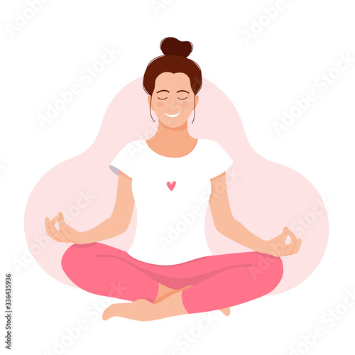 Girl meditates. Relax. Love yourself. Mental health concept. Meditation. Healthcare. Inner harmony with yourself. Take time for your self. Vector illustration. Woman meditating on white background