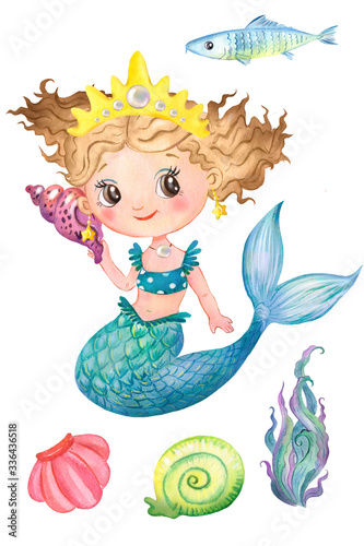 Watercolor illustration of a little mermaid, mermaid, tail, shells, seaweed.