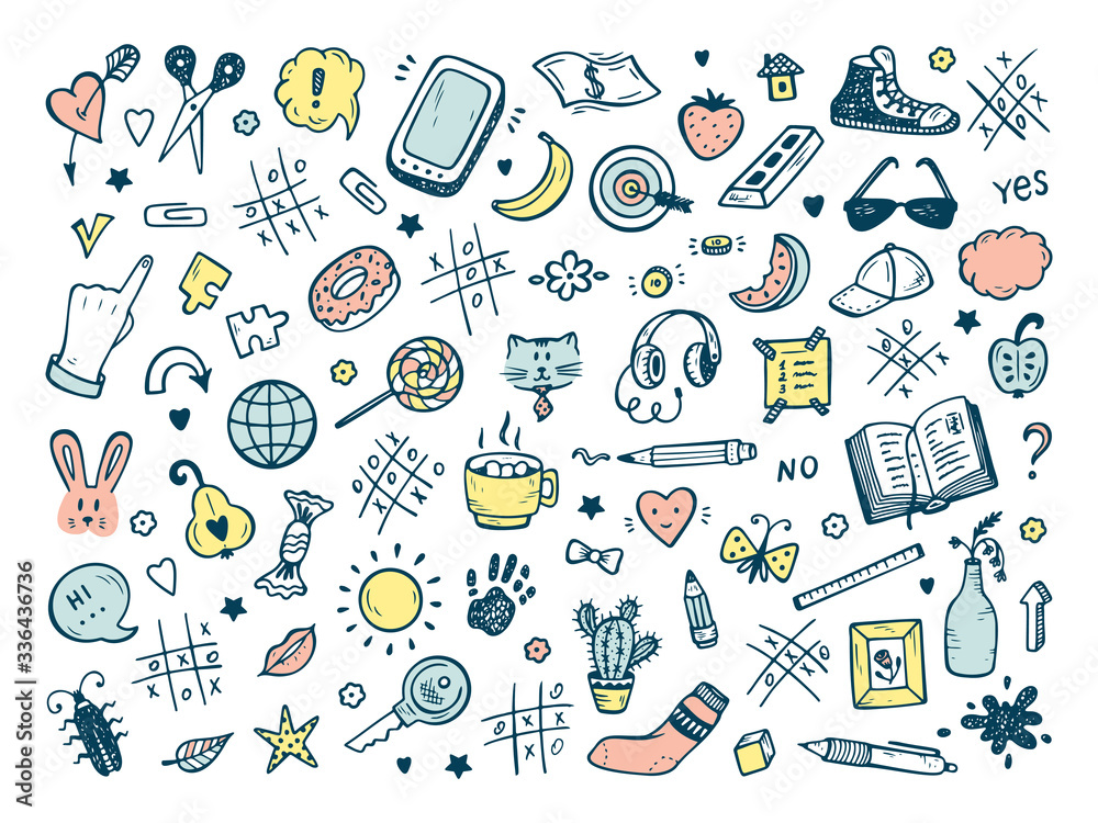 Workplace concept. Icons set. Mess on the table. Messy desk. Hand Drawn Doodle Tic Tac toe, Stationery, Food and other items that are on desktop. Back to school. Vector illustration
Workplace concept. Icons set. Mess on the table. Messy desk. Hand Drawn Doodle Tic Tac toe, Stationery, Food and other items that are on desktop. Back to school. Vector illustration