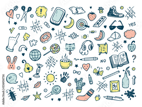 Workplace concept. Icons set. Mess on the table. Messy desk. Hand Drawn Doodle Tic Tac toe, Stationery, Food and other items that are on desktop. Back to school. Vector illustration
