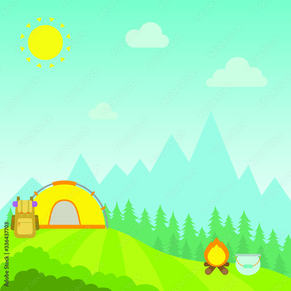 Summer landscape with forest, mountains, tent and campfire. Outdoor activities. Summer adventure. Mountains background, camping, adventures in nature, sports. Flat design. Vector illustration
