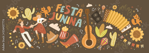 Festa Junina! Vector cute illustration of Brazilian Latin American festival. Set of people, guitar, dance, flashlight, accordion, sunflower and objects. Drawings for banner, card, poster, postcard