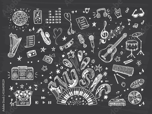 Vector Music icons set. Hand drawn doodle Musical Instruments, Retro musical equipment. Word Music.
