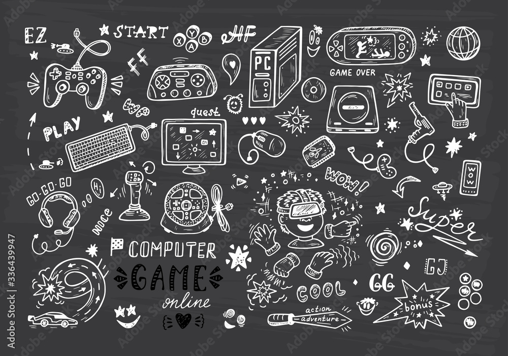 Gadget icons Vector Set. Hand Drawn Doodle Computer Game items. Video Games.
