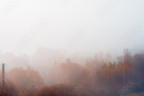 Colorful foggy autumn landscape at sunrise. Aerial view on countryside. Colorful autumnal background. Soft focus