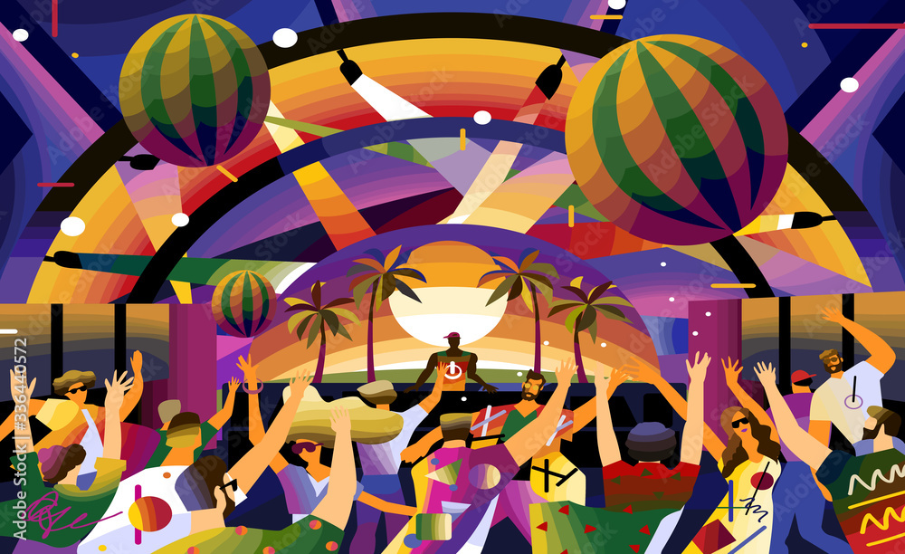 Music summer festival! Vector cute illustration of dancing people at  festival, concert, party or free event.